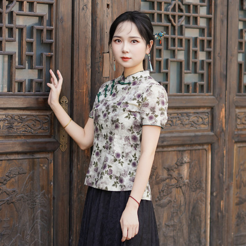 筠雅夏季新款复古改良中式唐装中国风年轻款斜襟短袖上衣女25J273