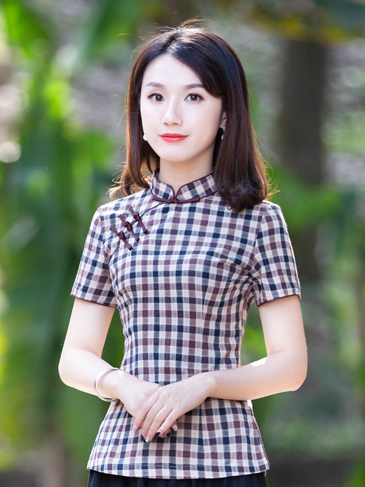 筠雅唐装女中国风棉上衣格子旗袍改良短袖茶服复古中式禅意女装