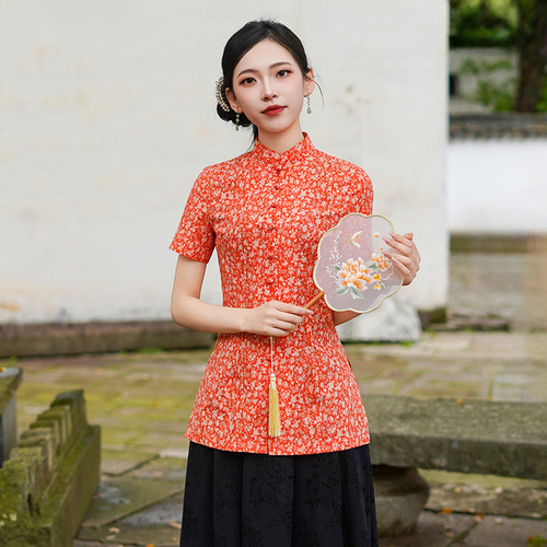 筠雅夏季新款复古改良中式唐装显瘦中国风斜襟短袖女装上衣26J412