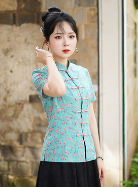 筠雅夏季新款素色唐装上衣女中式改良复古女士斜襟改良短袖25J217