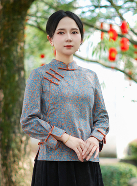 筠雅秋季新款中式改良唐装年轻款收腰显瘦气质斜襟长袖上衣25J328