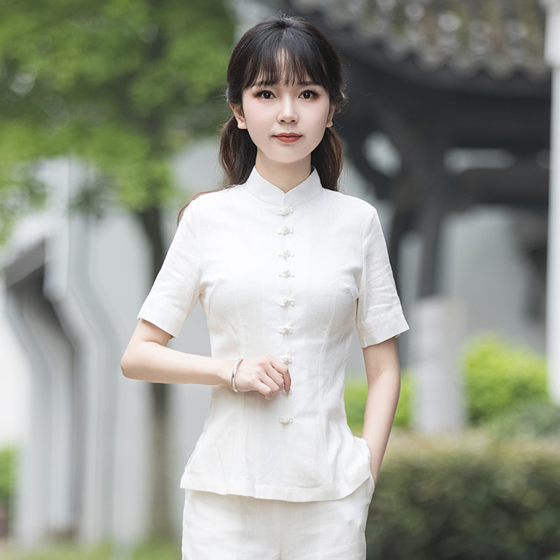 唐装夏装女中国风中式盘扣上衣改良旗袍佛系白禅服茶服居士服夏季-封面