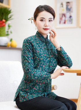 筠雅唐装上衣女民族风碎花棉衣冬季新款夹棉保暖新中式外套23J730