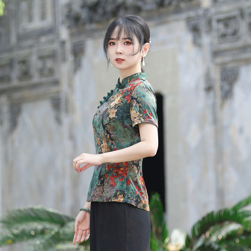 涤纶夏季新款简约复古唐装上衣