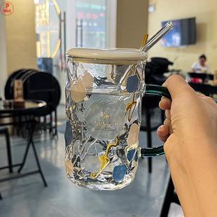 高颜值吸管玻璃杯带把手大容量水杯家用办公室耐高温杯子带盖勺女
