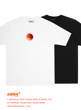 SadBoy2021全新春季发布红月印花街头纯棉潮个性短袖黑白男女T恤