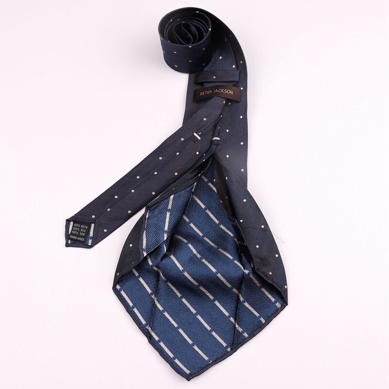 意式那不勒斯纯手工卷边无衬七折真丝领带深蓝白圆点蚕丝轻薄飘逸