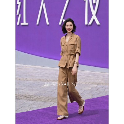 BUWANJUST【红人之夜】高定老钱翻领系带收腰七分袖亚麻套装BW074