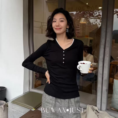 BUWANJUST高定莱赛尔天丝羊毛混纺撞色V领小扣打底上衣B2729