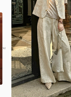 不晚BUWANJUST【秀场裤】满分亚麻肌理感舒适腰部抽绳阔腿裤B1329