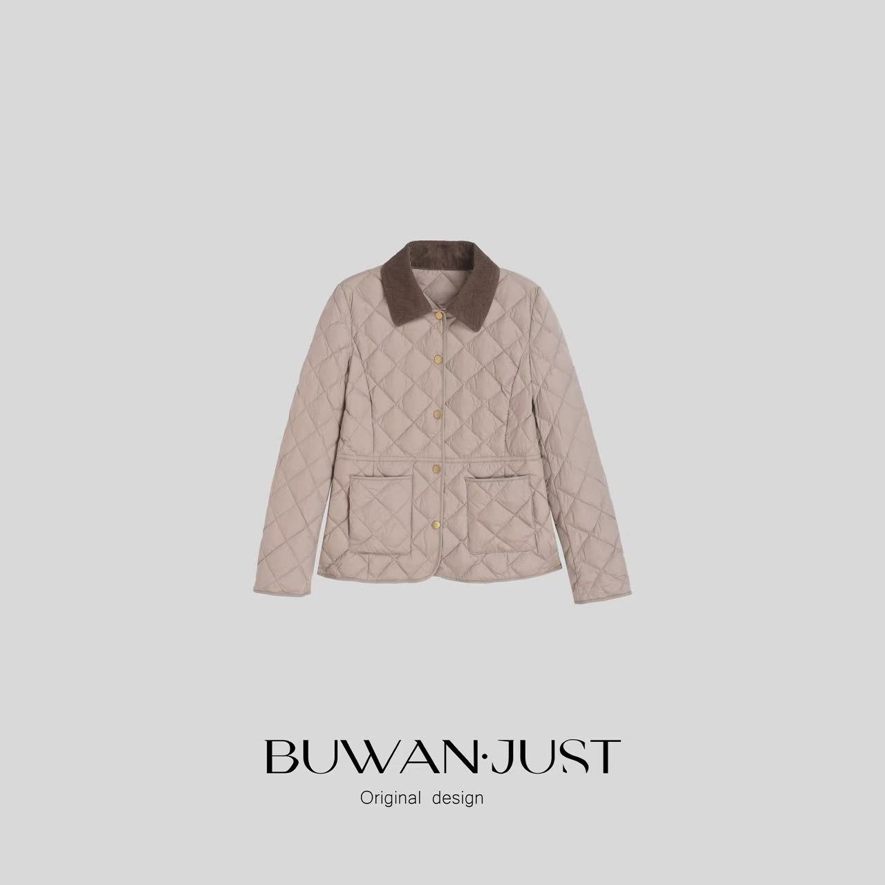 BUWANJUST高定90白鸭绒菱形格小翻领撞色羽绒外套B2116