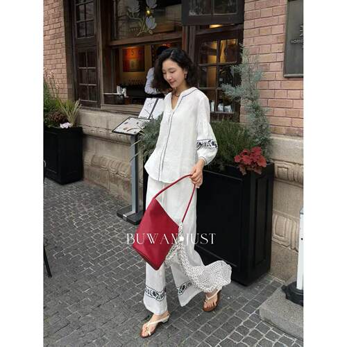 BUWANJUST【优雅范本】高定法式度假重工刺绣V领全麻套装CY056