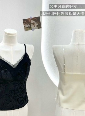美月馨3568轻奢金丝绒吊带一体式固定杯法式蕾丝深V领性感背心女