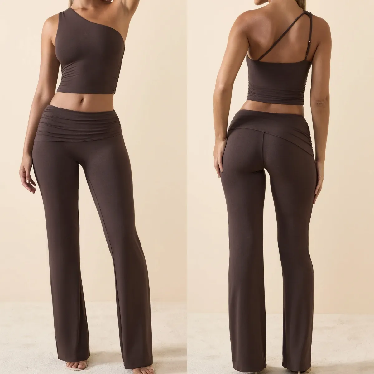 套装欧美斜肩性感运动文胸女健身瑜伽阔腿喇叭裤长裤裸感透气显瘦