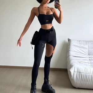 欧美性感金属扣铁环镂空瑜伽服套装女运动内衣高弹长裤训练健身服