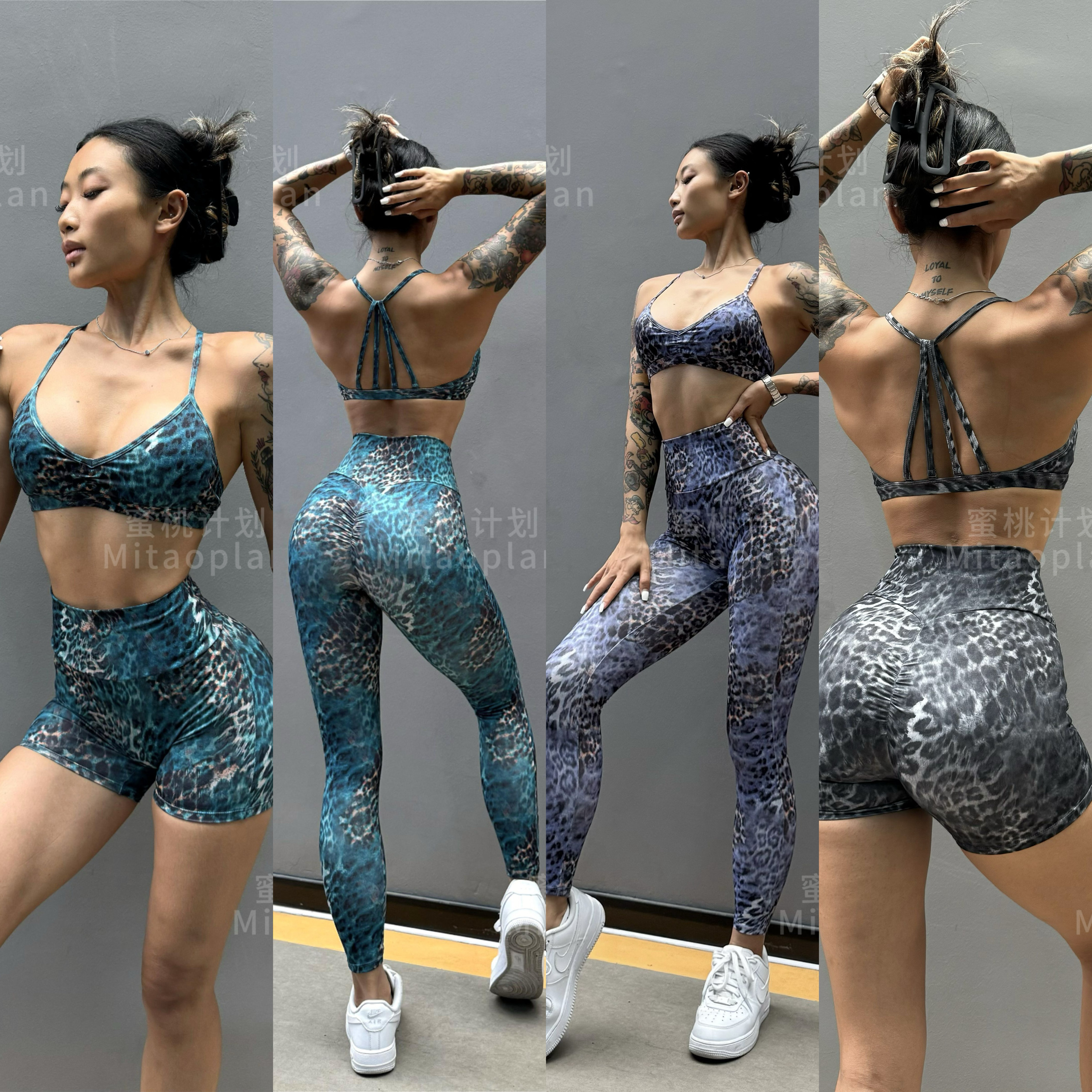 套装欧美豹纹健身文胸美背瑜伽紧身长裤短裤显大性感弹力透气高腰