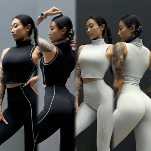 拼接健身瑜伽文胸女高领翻领无袖运动跑步背心内衣高腰裸感显瘦