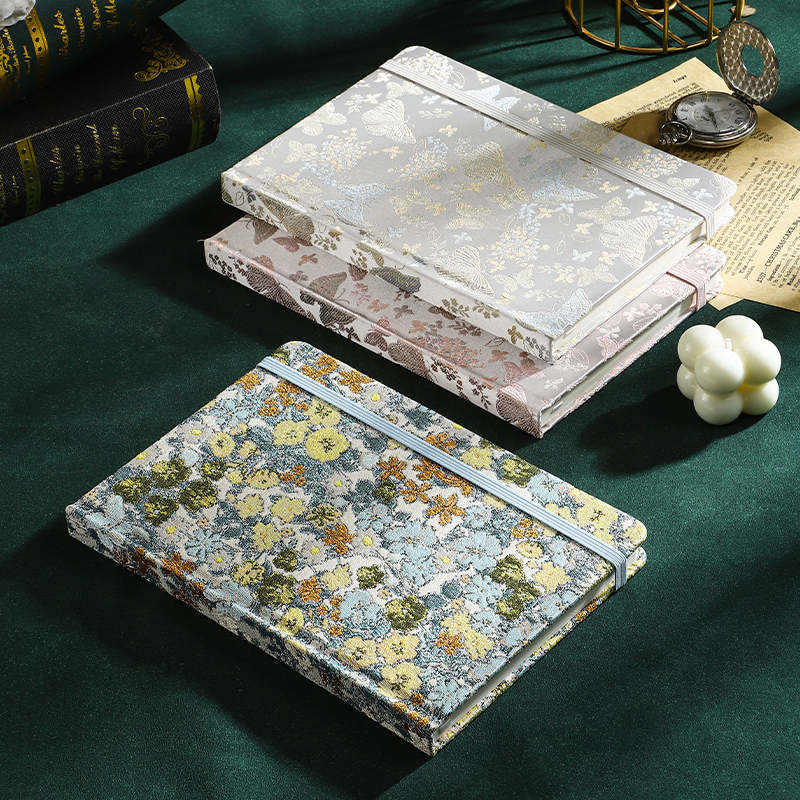 A5绑带精装小清新印花布艺笔记本蝴蝶丝绸记事本学生节日送礼