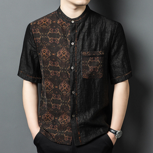 正宗香云纱中年男装短袖衬衫100%桑蚕丝真丝中国风衬衣上档次寸衣