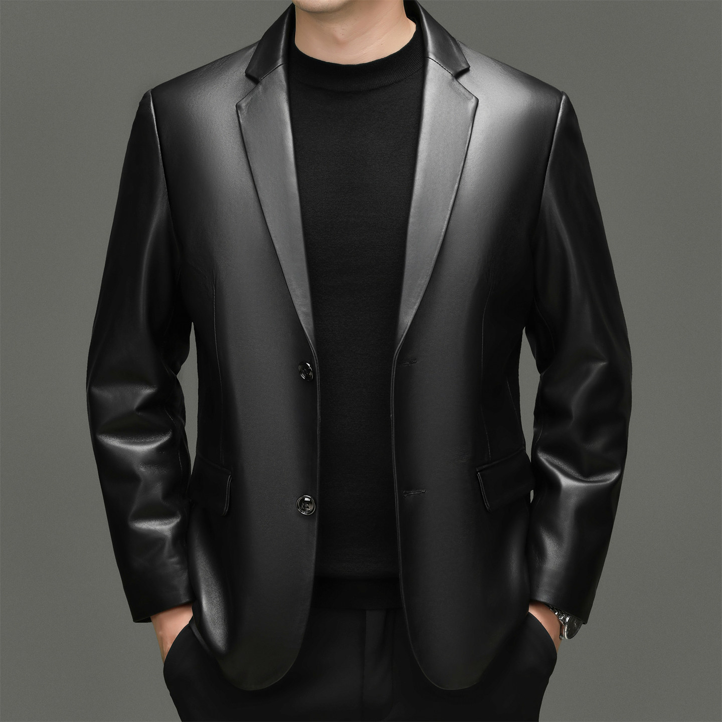 真皮西装新款绵羊皮夹克男装修身西服休闲商务海宁皮衣男士外套