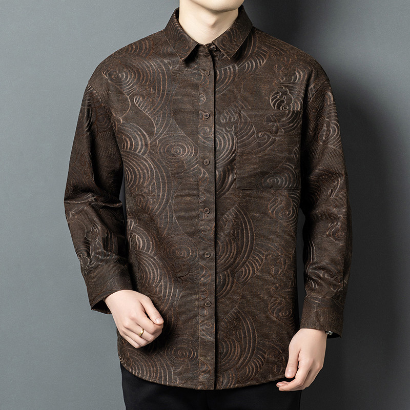 新款桑蚕丝衬衫男式长袖夏季中年香云纱潮流宽松爸爸装男衬衫时尚