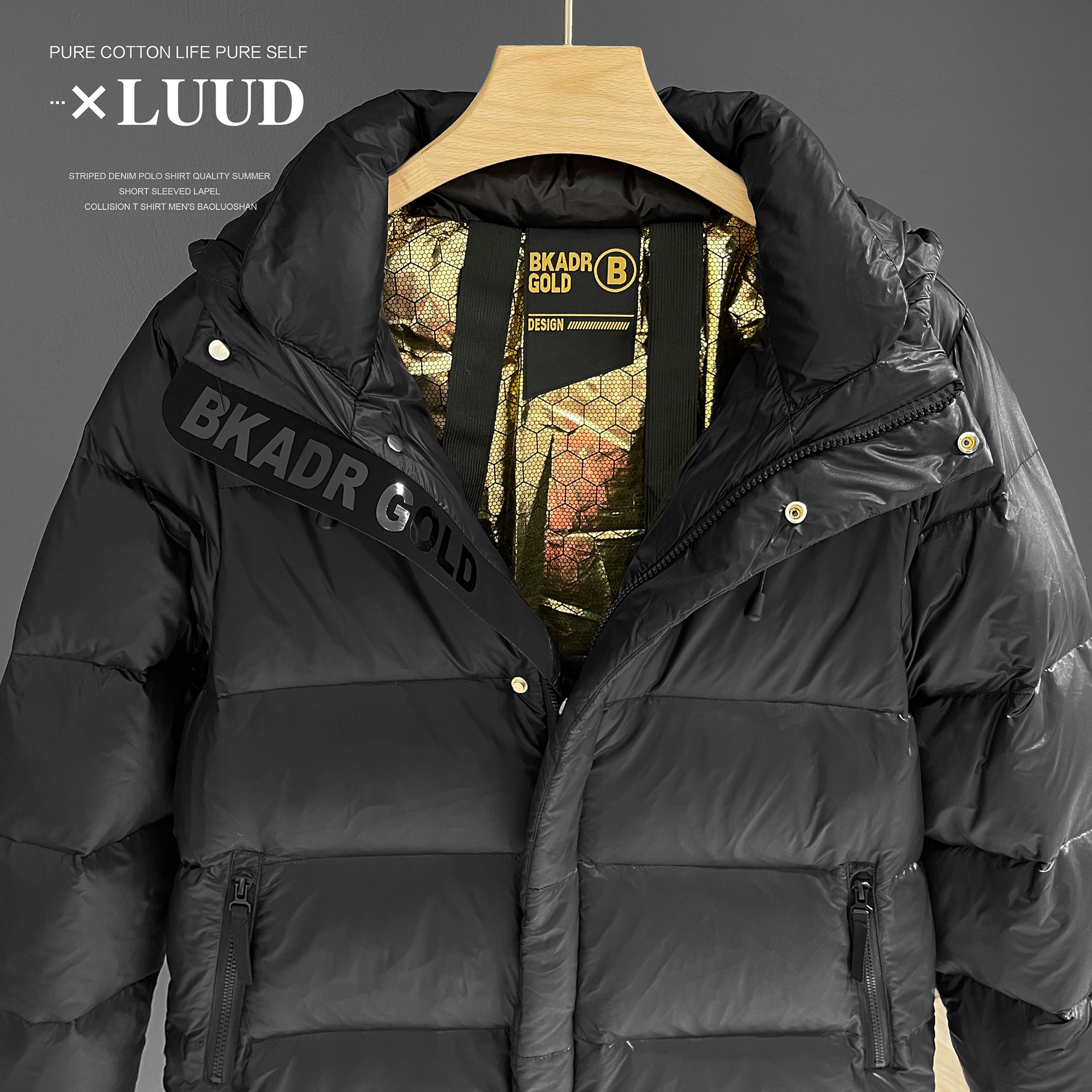LUUD 冬新款黑金发热羽绒服抗寒保暖中长款大衣连帽帅气男士外套