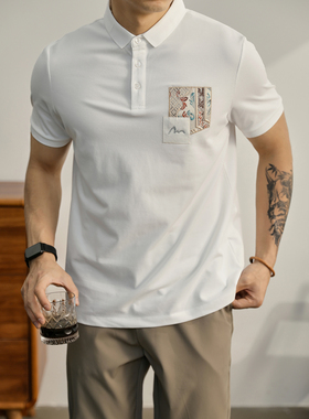 LUUD 植物花卉贴布Polo衫男夏季新中式简约T恤潮牌百搭翻领保罗衫