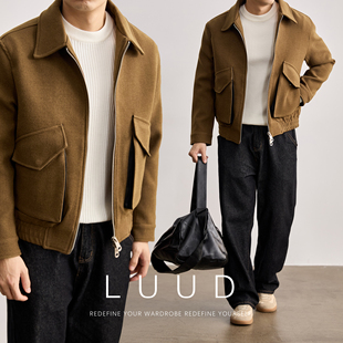 呢外套 风翻盖大贴袋翻领夹克男冬含羊毛磨毛双拉链短款 LUUD 工装