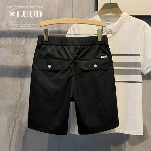 LUUD 细斜纹休闲短裤男士薄款半松紧腰中裤黑色修身直筒五分裤子