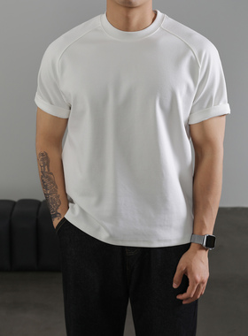 LUUD 轻奢感白色t恤男打底衫短袖纯白宽松上衣内搭圆领插肩袖体恤
