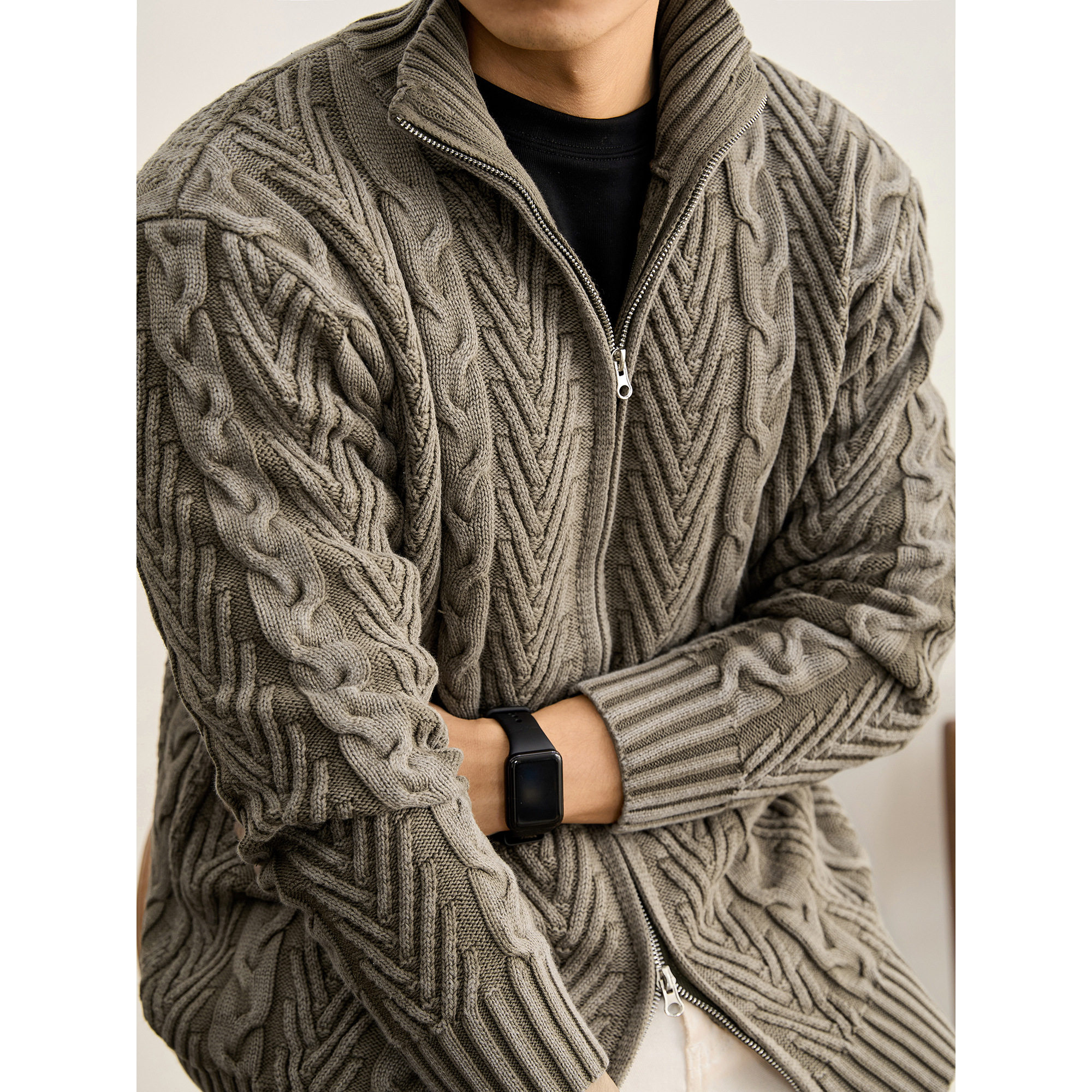 LUUD 渐染水磨抗起球100%纯棉重磅针织开衫男冬立体肌理毛衣外套