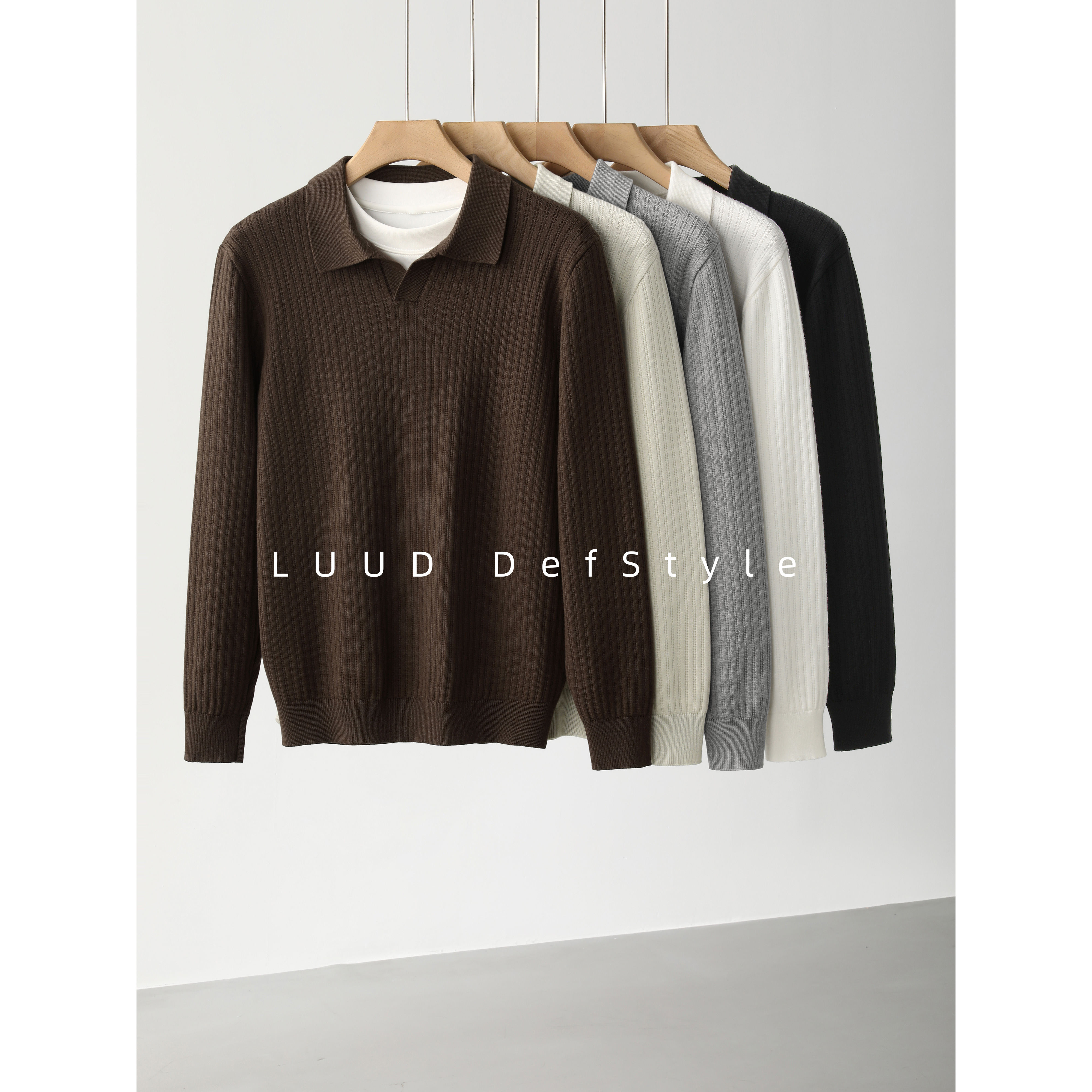 LUUD 高阶质感竖条织纹男莱赛尔毛衣小V领不挑身材POLO针织套头衫