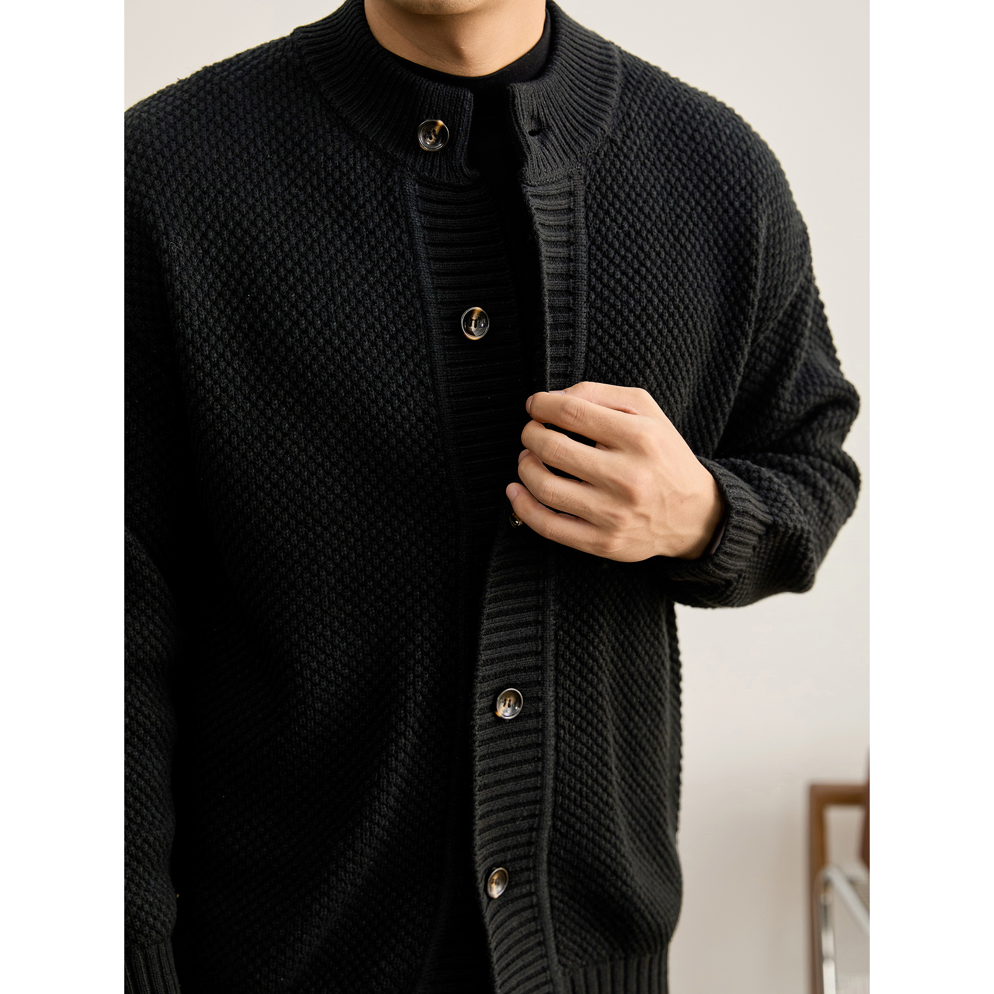 LUUD 花纱混色极简风圆领针织开衫男秋冬季重磅菱格肌理毛衣外套