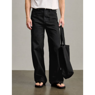 男纯色双侧缝线牛仔长裤 LUUD 100%纯棉370g碳磨斜纹水洗阔腿A字裤