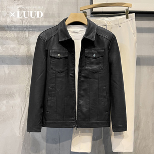 LUUD 2026新品黑色PU皮夹克上衣潮流机车男修身拉链翻领衣服外套