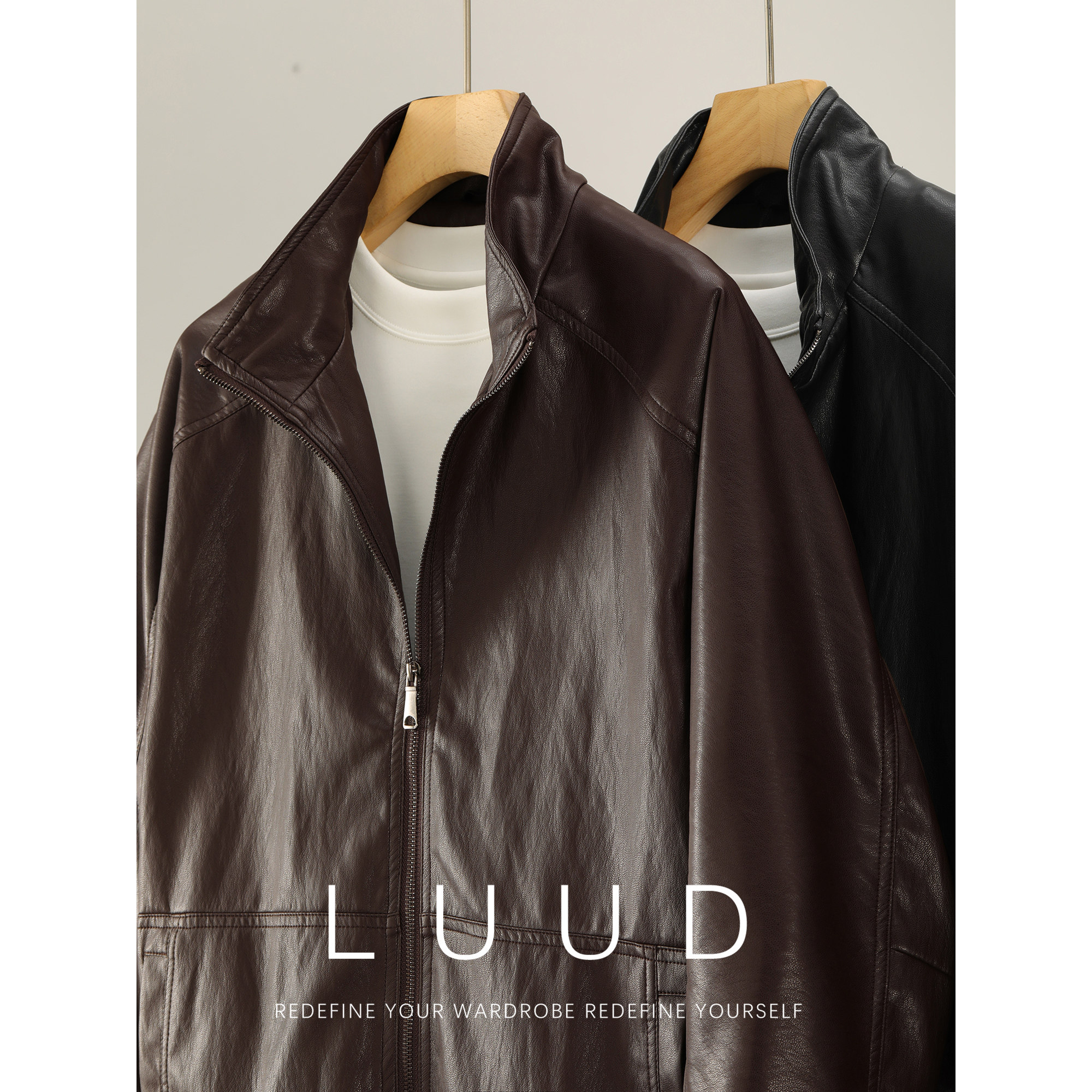 LUUD PU亮皮肌理感立领外套男士复古痞帅机车风短款夹克皮衣秋冬
