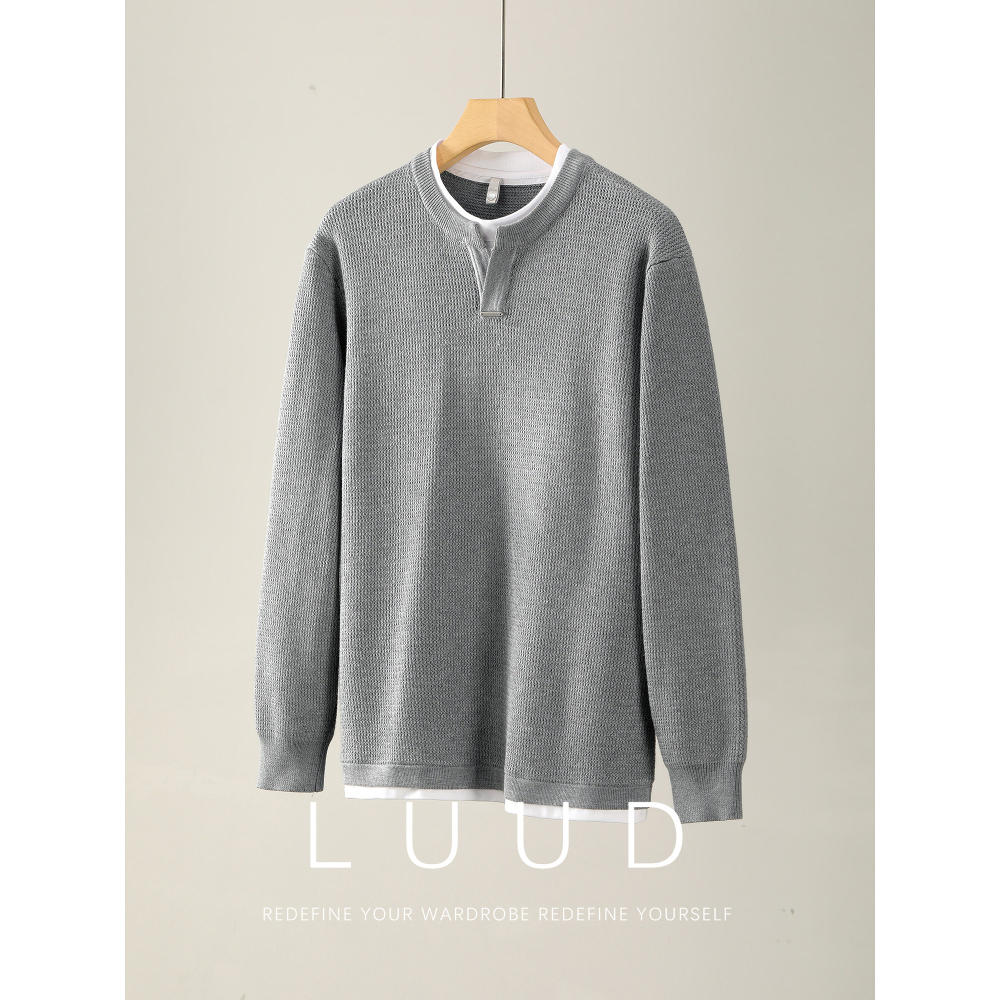 LUUD 双层领口假两件拼接亨利领针织衫男重磅420g肌理感提花毛衣,男装,针织衫/毛衣,淘宝优惠券,粉丝福利购,淘宝优惠卷