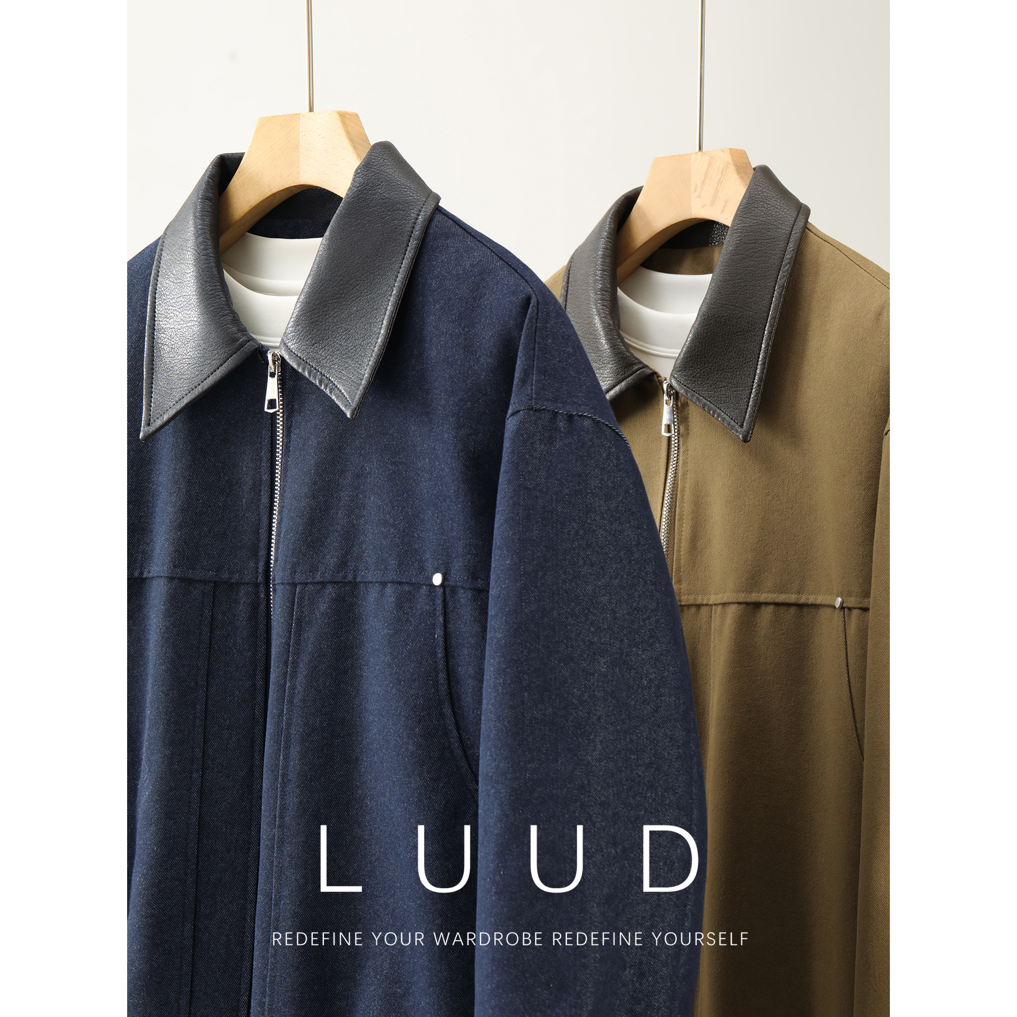 LUUD 哈灵顿巴恩风85白鸭绒皮领羽绒夹克男冬铆钉装饰水洗棉外套 - 封面