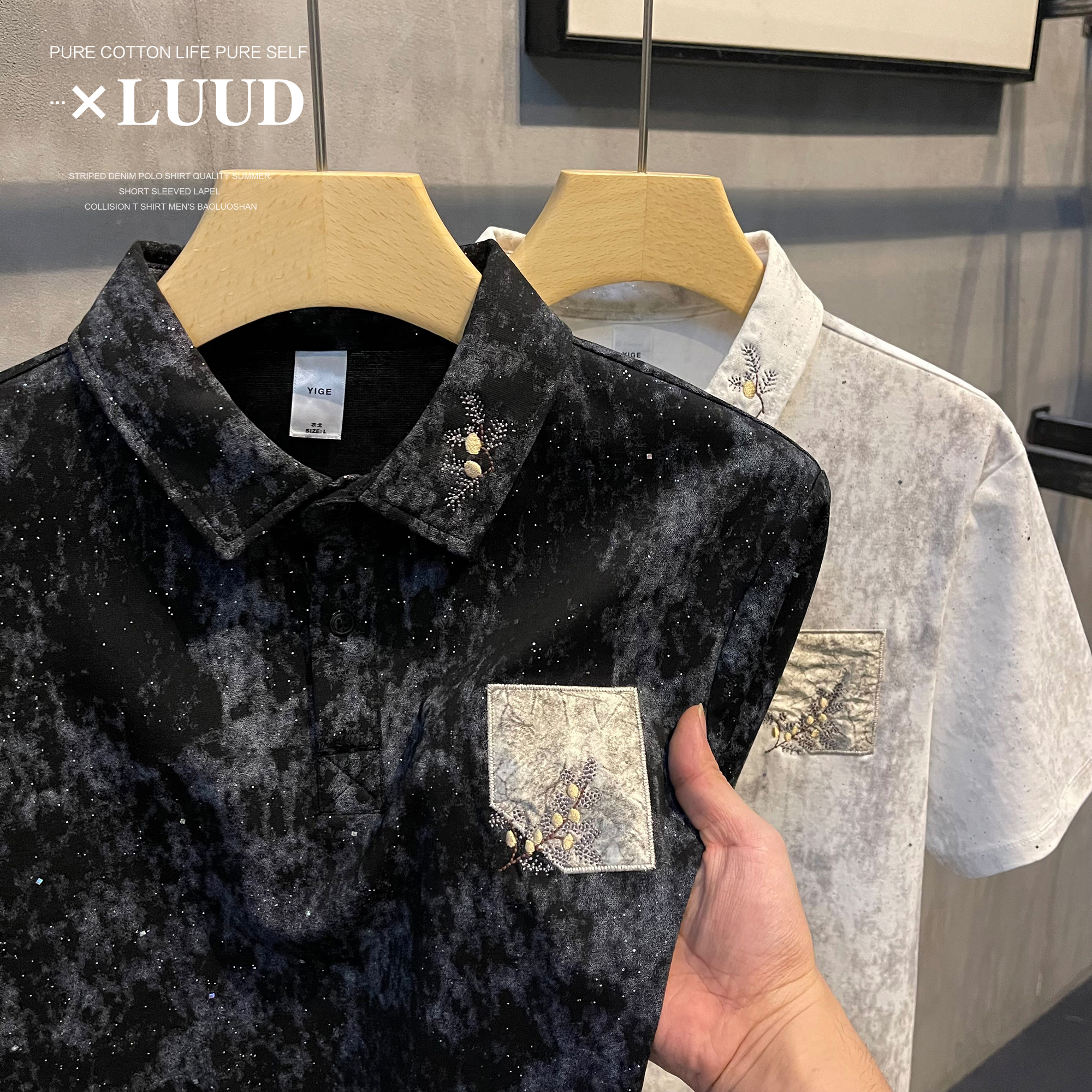 LUUD 满天星梅花刺绣点缀短袖男装POLO衫修身休闲时尚贴布保罗衫