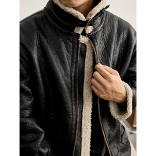 LUUD 皮毛一体飞行员皮衣外套 羊羔绒翻领PU皮痞帅机车夹克男冬季
