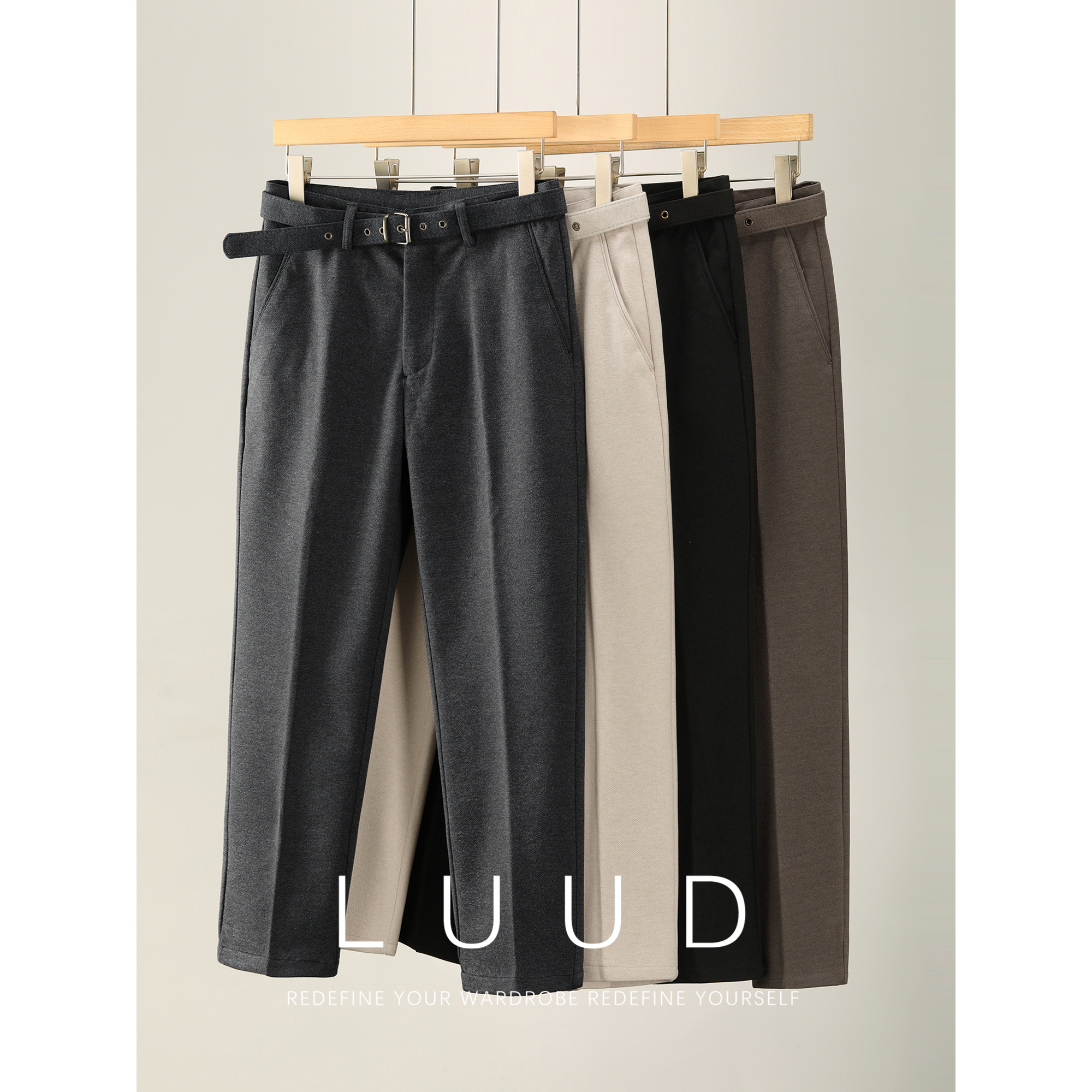LUUD 秋冬季腰带款垂感毛呢休闲长裤男士保暖磨毛锥形小直筒西裤