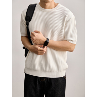 竖坑条纹肌理休闲叠穿原色纱打底小衫 针织衫 男 百搭圆领短袖 LUUD