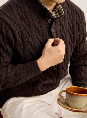 LUUD 男秋冬季麻花肌理双层亨利领毛衣假两件拼接格纹内衬针织衫