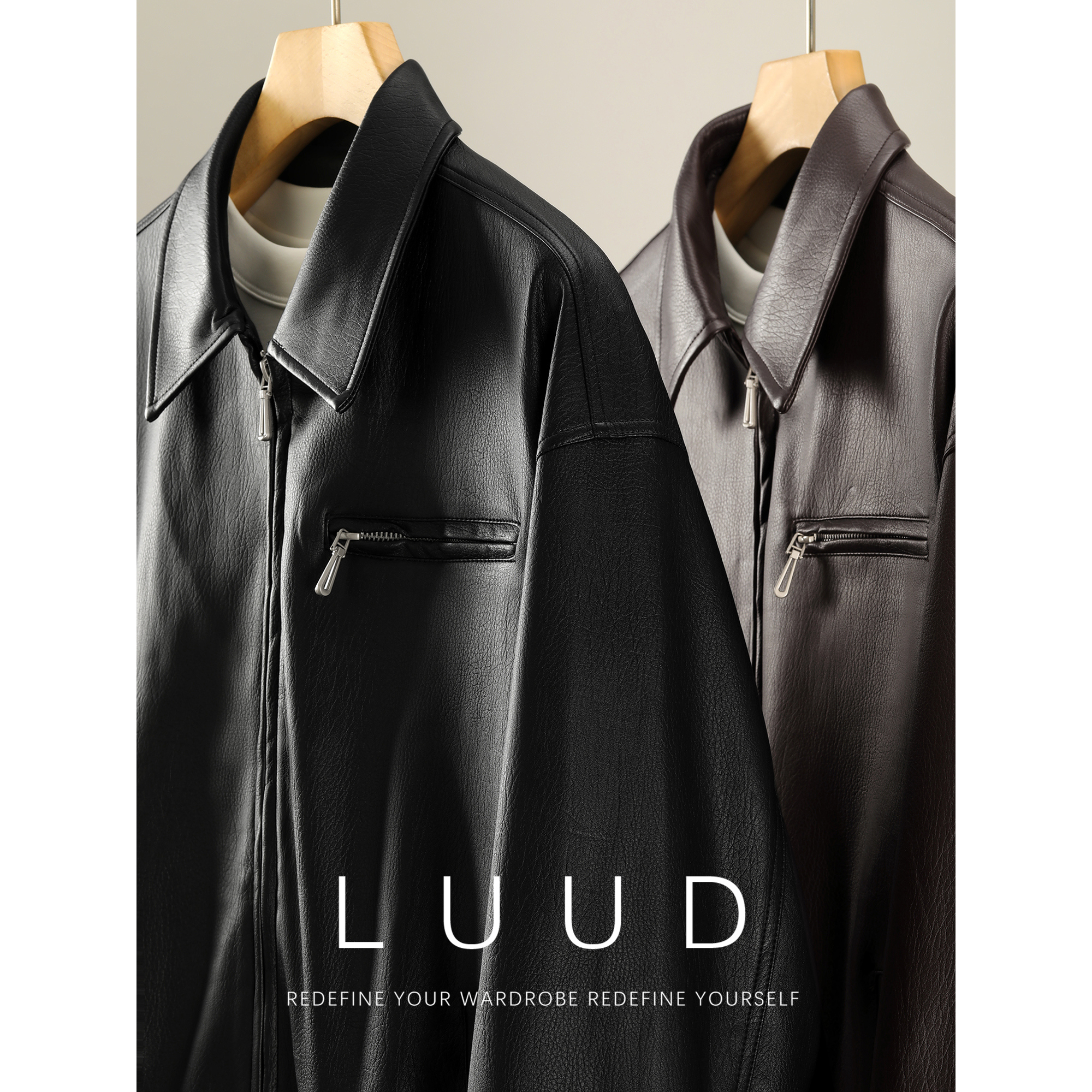 LUUD 秋冬季男士极简双拉链翻领PU皮外套复古荔枝纹皮衣机车夹克