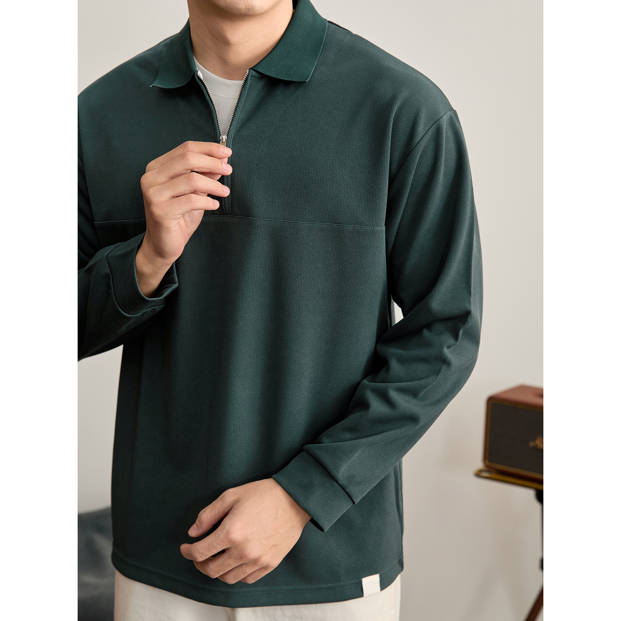 LUUD  高档轻熟假两件长袖T恤男重磅320g分割线条翻领POLO领卫衣