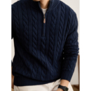 LUUD 魅力蓝100%纯棉罗纹立领毛衣冬季针织绞花肌理半拉链长袖男