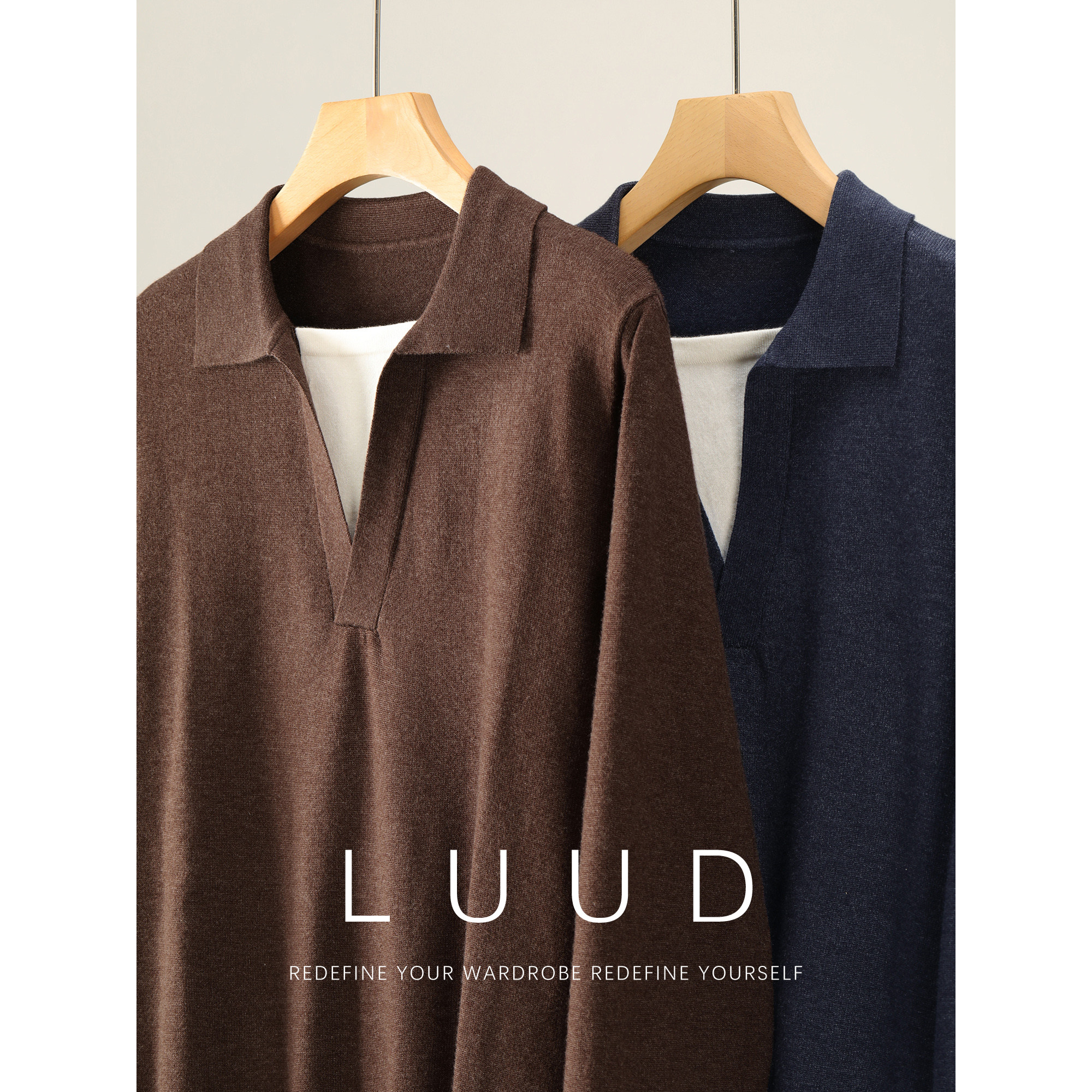 LUUD 假两件拼接层次感翻领针织衫男秋冬磨毛毛绒感软糯亲肤毛衣