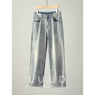 男简约百搭休闲牛仔裤 LUUD 100%纯棉水洗猫须磨白浅蓝色直筒长裤