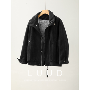 LUUD 日系复古双门襟羊羔绒内里棉服夹克男冬局部夹棉麂皮绒外套