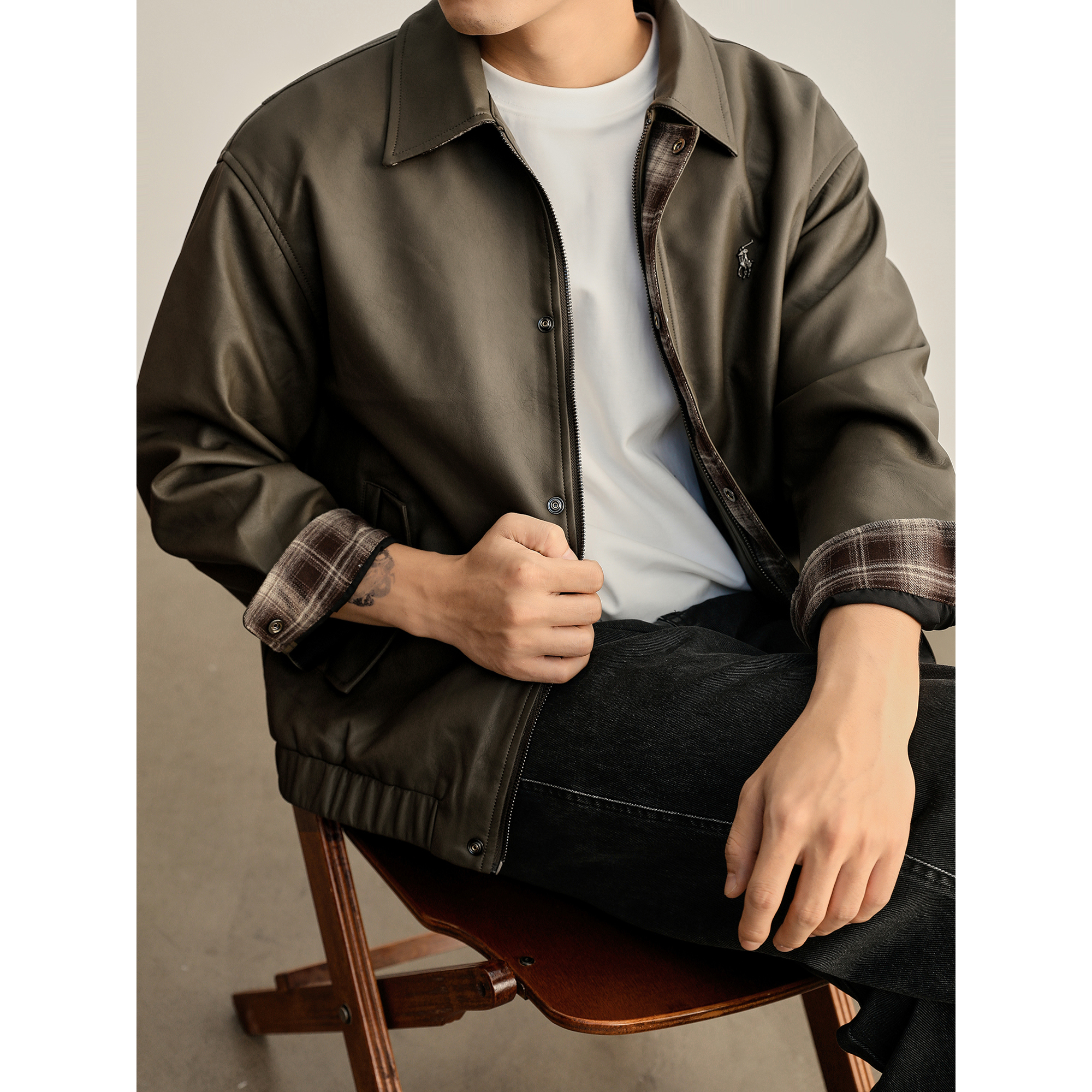 LUUD 老钱风格纹拼接翻领Boxy短宽PU皮夹克秋冬免洗皮廓形外套男